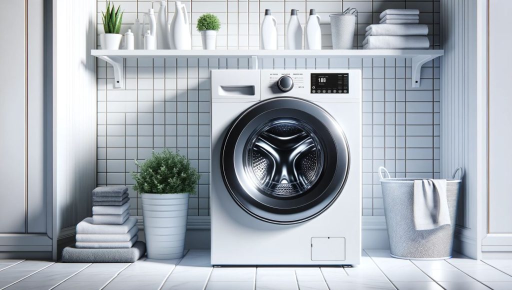 Cea mai bună mașină de spălat rufe modernă, plasată într-o baie curată cu gresie albă