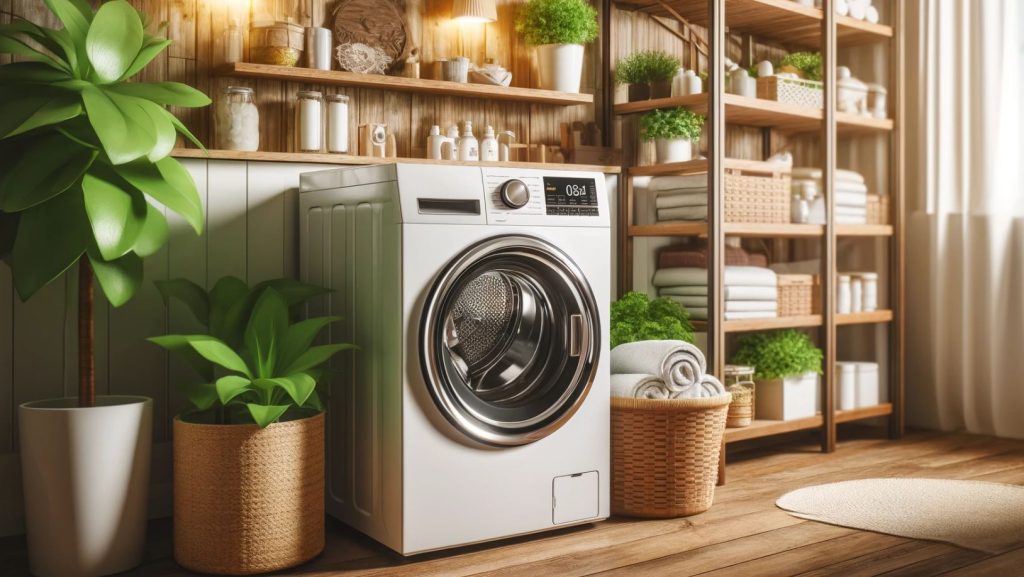 Mașină de spălat rufe modernă amplasată într-o baie - Top mașini de spălat rufe