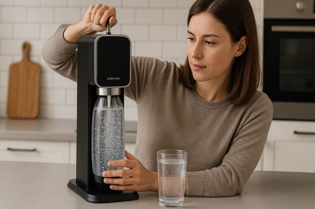 Imagine cu femeie care ne arată cum se folosește aparatul de făcut sifon acasă