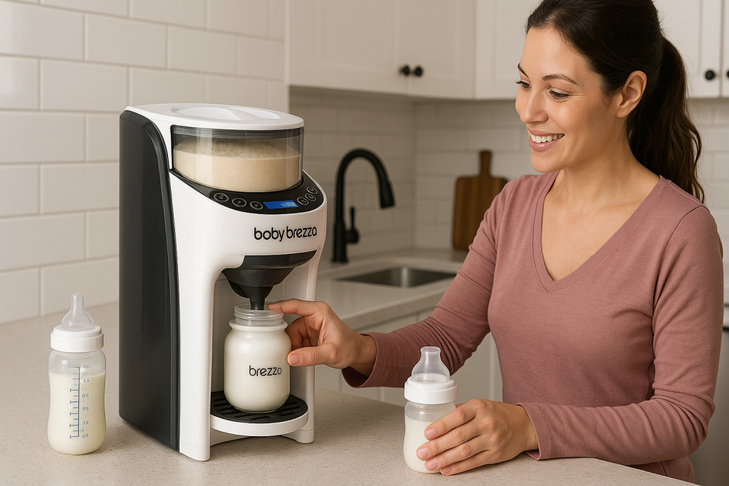 Mamă care prepară lapte praf la aparat - Cum folosești un aparat pentru lapte praf